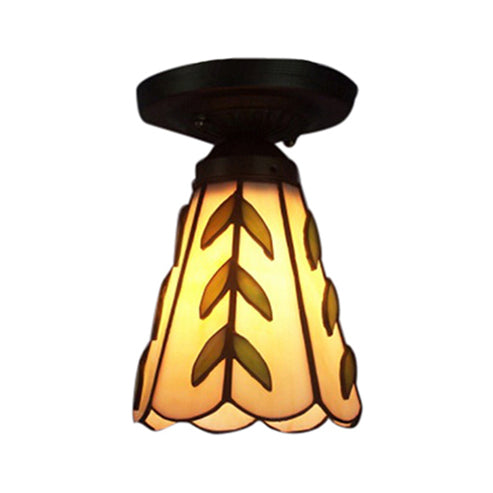 Stained Glass Conical Ceiling Mount Light Kitchen 1 Light Rustic Tiffany Ceiling Lamp in Beige Beige Clearhalo 'Ceiling Lights' 'Close To Ceiling Lights' 'Close to ceiling' 'Glass shade' 'Glass' 'Semi-flushmount' 'Tiffany close to ceiling' 'Tiffany' Lighting' 98791