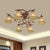 Bell Dining Room Semi Flush Chandelier Rural Amber Glass 6-Head Red Brown Ceiling Light with Decorative Pinecone Red Brown Clearhalo 'Ceiling Lights' 'Close To Ceiling Lights' 'Close to ceiling' 'Glass shade' 'Glass' 'Semi-flushmount' Lighting' 987913