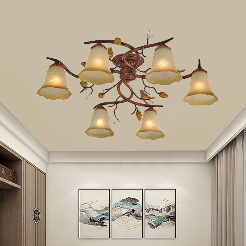 Bell Dining Room Semi Flush Chandelier Rural Amber Glass 6-Head Red Brown Ceiling Light with Decorative Pinecone Clearhalo 'Ceiling Lights' 'Close To Ceiling Lights' 'Close to ceiling' 'Glass shade' 'Glass' 'Semi-flushmount' Lighting' 987914
