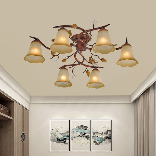 Bell Dining Room Semi Flush Chandelier Rural Amber Glass 6-Head Red Brown Ceiling Light with Decorative Pinecone Clearhalo 'Ceiling Lights' 'Close To Ceiling Lights' 'Close to ceiling' 'Glass shade' 'Glass' 'Semi-flushmount' Lighting' 987914