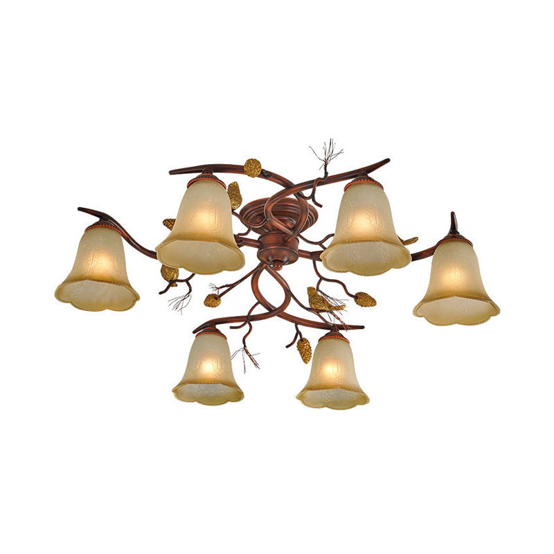 Bell Dining Room Semi Flush Chandelier Rural Amber Glass 6-Head Red Brown Ceiling Light with Decorative Pinecone Clearhalo 'Ceiling Lights' 'Close To Ceiling Lights' 'Close to ceiling' 'Glass shade' 'Glass' 'Semi-flushmount' Lighting' 987915