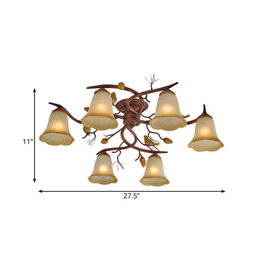 Bell Dining Room Semi Flush Chandelier Rural Amber Glass 6-Head Red Brown Ceiling Light with Decorative Pinecone Clearhalo 'Ceiling Lights' 'Close To Ceiling Lights' 'Close to ceiling' 'Glass shade' 'Glass' 'Semi-flushmount' Lighting' 987916