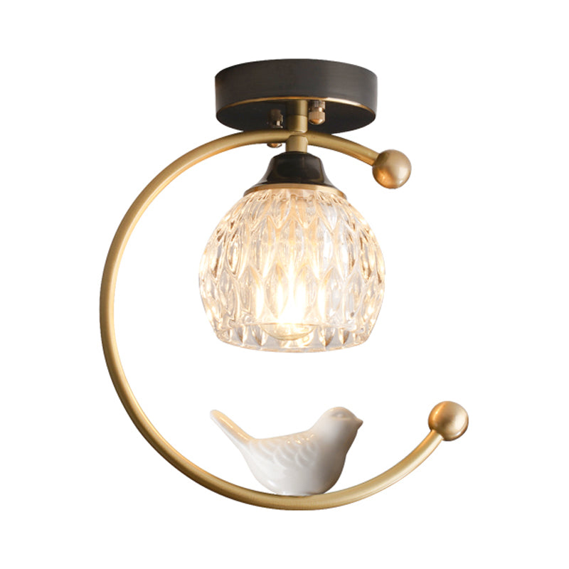 Dome Textured Glass Semi Flush Mount Farm 1 Head Dining Room Ceiling Lamp with Brass C Arm and Bird Decor Clearhalo 'Ceiling Lights' 'Close To Ceiling Lights' 'Close to ceiling' 'Glass shade' 'Glass' 'Semi-flushmount' Lighting' 987926