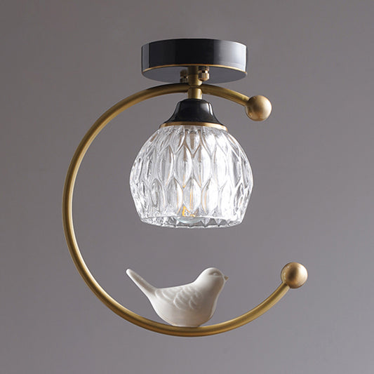 Dome Textured Glass Semi Flush Mount Farm 1 Head Dining Room Ceiling Lamp with Brass C Arm and Bird Decor Clearhalo 'Ceiling Lights' 'Close To Ceiling Lights' 'Close to ceiling' 'Glass shade' 'Glass' 'Semi-flushmount' Lighting' 987927