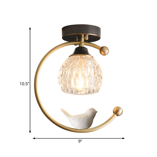Dome Textured Glass Semi Flush Mount Farm 1 Head Dining Room Ceiling Lamp with Brass C Arm and Bird Decor Clearhalo 'Ceiling Lights' 'Close To Ceiling Lights' 'Close to ceiling' 'Glass shade' 'Glass' 'Semi-flushmount' Lighting' 987928