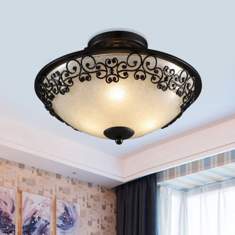 3 Bulbs Frosted Glass Semi Flush Rural Black Butterfly-Embellished Bowl Bedroom Close to Ceiling Light Black Clearhalo 'Ceiling Lights' 'Close To Ceiling Lights' 'Close to ceiling' 'Glass shade' 'Glass' 'Semi-flushmount' Lighting' 987929