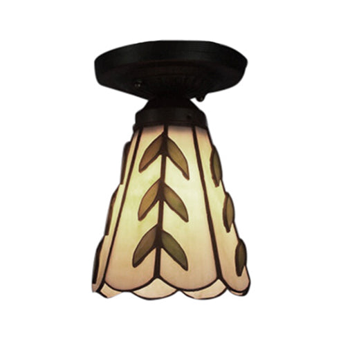 Stained Glass Conical Ceiling Mount Light Kitchen 1 Light Rustic Tiffany Ceiling Lamp in Beige Clearhalo 'Ceiling Lights' 'Close To Ceiling Lights' 'Close to ceiling' 'Glass shade' 'Glass' 'Semi-flushmount' 'Tiffany close to ceiling' 'Tiffany' Lighting' 98792