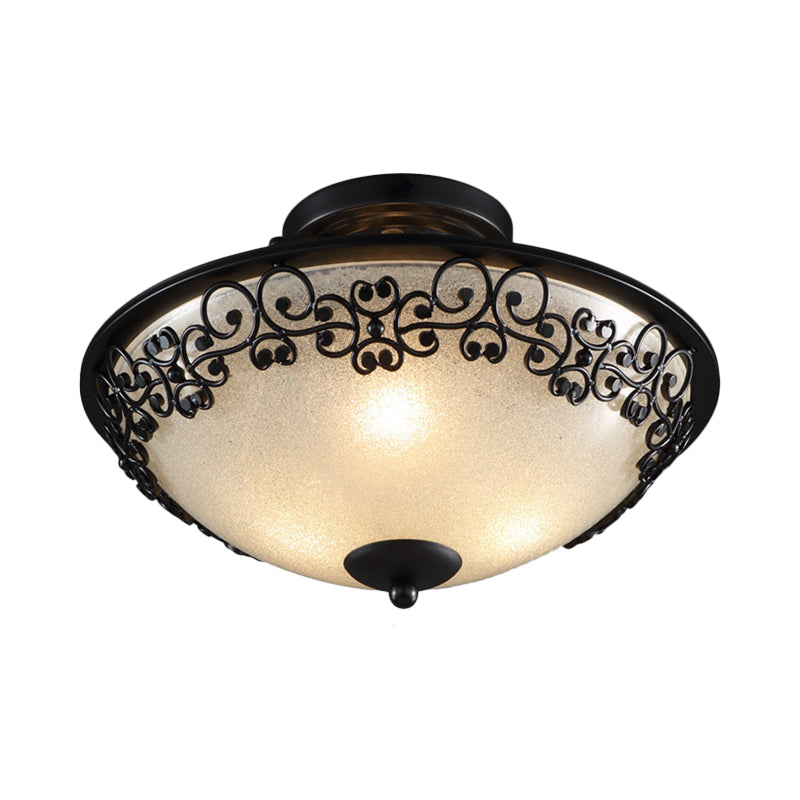 3 Bulbs Frosted Glass Semi Flush Rural Black Butterfly-Embellished Bowl Bedroom Close to Ceiling Light Clearhalo 'Ceiling Lights' 'Close To Ceiling Lights' 'Close to ceiling' 'Glass shade' 'Glass' 'Semi-flushmount' Lighting' 987930