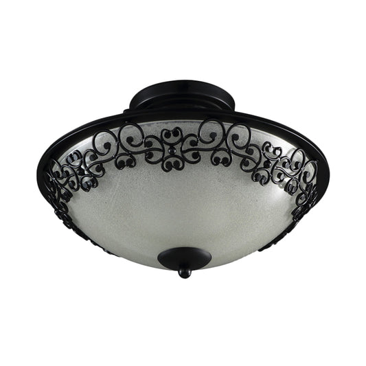 3 Bulbs Frosted Glass Semi Flush Rural Black Butterfly-Embellished Bowl Bedroom Close to Ceiling Light Clearhalo 'Ceiling Lights' 'Close To Ceiling Lights' 'Close to ceiling' 'Glass shade' 'Glass' 'Semi-flushmount' Lighting' 987931