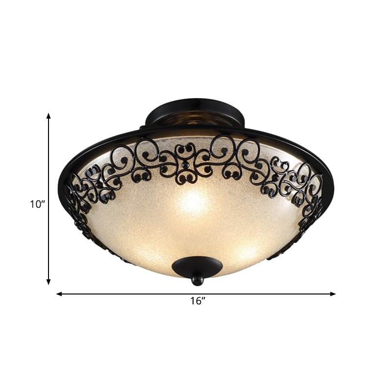 3 Bulbs Frosted Glass Semi Flush Rural Black Butterfly-Embellished Bowl Bedroom Close to Ceiling Light Clearhalo 'Ceiling Lights' 'Close To Ceiling Lights' 'Close to ceiling' 'Glass shade' 'Glass' 'Semi-flushmount' Lighting' 987932
