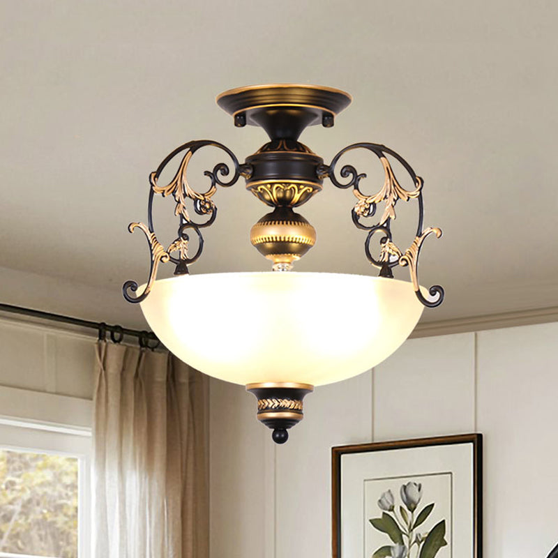 Open-Top Bowl Pathway Ceiling Lamp Antique Opal Glass 3-Light Black Semi Mount Lighting with Swirled Arm Black Clearhalo 'Ceiling Lights' 'Close To Ceiling Lights' 'Close to ceiling' 'Glass shade' 'Glass' 'Semi-flushmount' Lighting' 987933