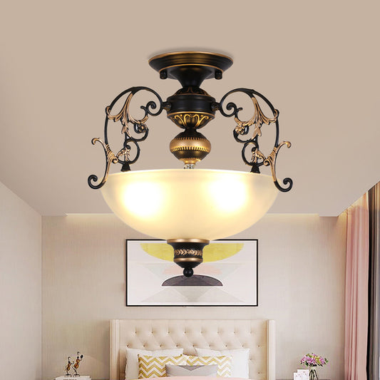 Open-Top Bowl Pathway Ceiling Lamp Antique Opal Glass 3-Light Black Semi Mount Lighting with Swirled Arm Clearhalo 'Ceiling Lights' 'Close To Ceiling Lights' 'Close to ceiling' 'Glass shade' 'Glass' 'Semi-flushmount' Lighting' 987934