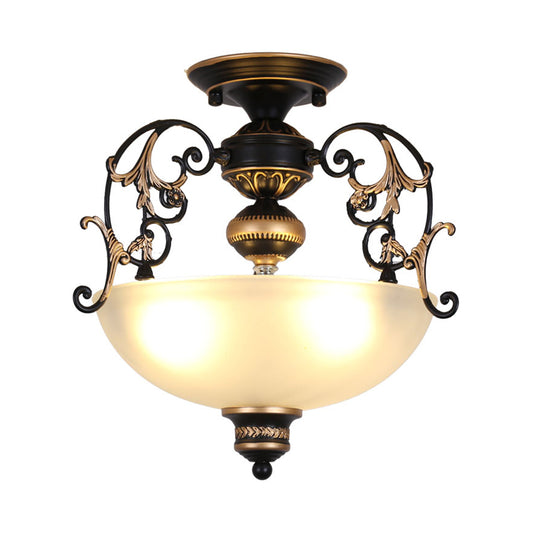 Open-Top Bowl Pathway Ceiling Lamp Antique Opal Glass 3-Light Black Semi Mount Lighting with Swirled Arm Clearhalo 'Ceiling Lights' 'Close To Ceiling Lights' 'Close to ceiling' 'Glass shade' 'Glass' 'Semi-flushmount' Lighting' 987935