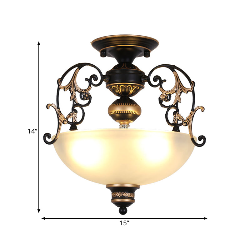 Open-Top Bowl Pathway Ceiling Lamp Antique Opal Glass 3-Light Black Semi Mount Lighting with Swirled Arm Clearhalo 'Ceiling Lights' 'Close To Ceiling Lights' 'Close to ceiling' 'Glass shade' 'Glass' 'Semi-flushmount' Lighting' 987936