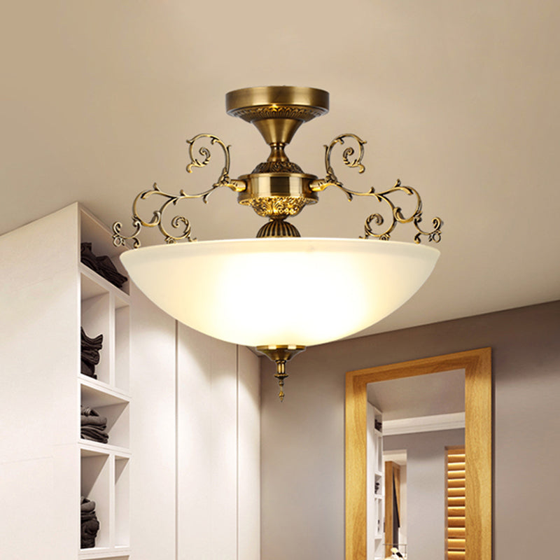 3 Lights Wide Bowl Semi Flush Mount Traditional Gold Frosted Glass Close to Ceiling Lamp with Swirling Arm, 13"/17" Wide Gold Clearhalo 'Ceiling Lights' 'Close To Ceiling Lights' 'Close to ceiling' 'Glass shade' 'Glass' 'Semi-flushmount' Lighting' 987937