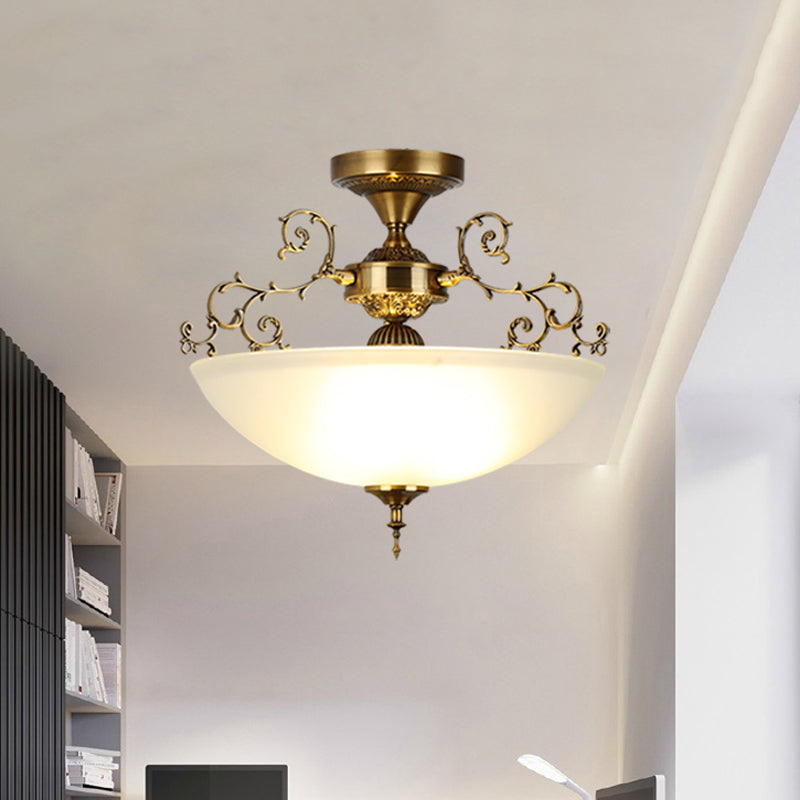 3 Lights Wide Bowl Semi Flush Mount Traditional Gold Frosted Glass Close to Ceiling Lamp with Swirling Arm, 13"/17" Wide Clearhalo 'Ceiling Lights' 'Close To Ceiling Lights' 'Close to ceiling' 'Glass shade' 'Glass' 'Semi-flushmount' Lighting' 987938
