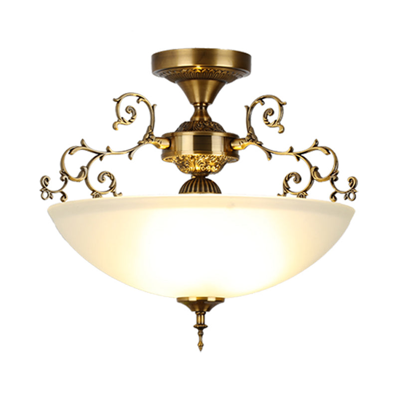 3 Lights Wide Bowl Semi Flush Mount Traditional Gold Frosted Glass Close to Ceiling Lamp with Swirling Arm, 13"/17" Wide Clearhalo 'Ceiling Lights' 'Close To Ceiling Lights' 'Close to ceiling' 'Glass shade' 'Glass' 'Semi-flushmount' Lighting' 987939