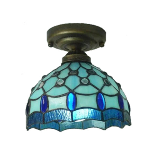 Stained Glass Domed Ceiling Light with Jewel 1 Bulb Tiffany Vintage Flushmount Light in Blue Blue Clearhalo 'Ceiling Lights' 'Close To Ceiling Lights' 'Close to ceiling' 'Glass shade' 'Glass' 'Semi-flushmount' 'Tiffany close to ceiling' 'Tiffany' Lighting' 98793