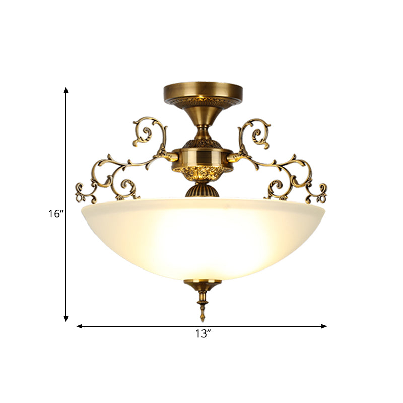 3 Lights Wide Bowl Semi Flush Mount Traditional Gold Frosted Glass Close to Ceiling Lamp with Swirling Arm, 13"/17" Wide Clearhalo 'Ceiling Lights' 'Close To Ceiling Lights' 'Close to ceiling' 'Glass shade' 'Glass' 'Semi-flushmount' Lighting' 987940