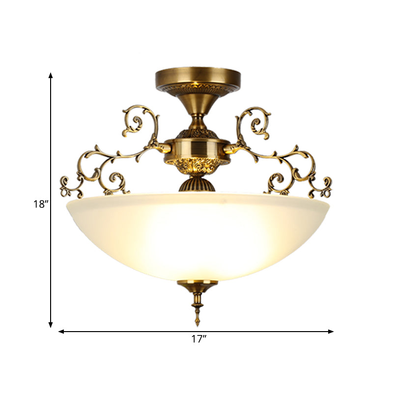 3 Lights Wide Bowl Semi Flush Mount Traditional Gold Frosted Glass Close to Ceiling Lamp with Swirling Arm, 13"/17" Wide Clearhalo 'Ceiling Lights' 'Close To Ceiling Lights' 'Close to ceiling' 'Glass shade' 'Glass' 'Semi-flushmount' Lighting' 987941