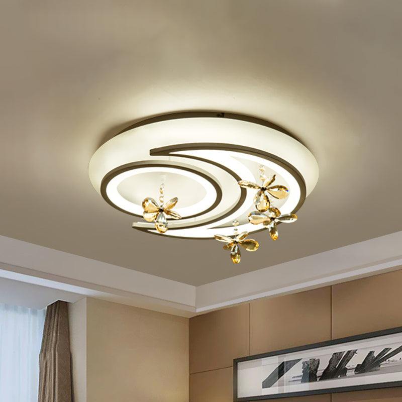 White Moon and Ring Semi Flush Lamp Modernism LED Metal Ceiling Flush Mount with Flower Crystal Deco Clearhalo 'Ceiling Lights' 'Close To Ceiling Lights' 'Close to ceiling' 'Semi-flushmount' Lighting' 987971