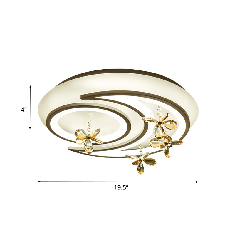 White Moon and Ring Semi Flush Lamp Modernism LED Metal Ceiling Flush Mount with Flower Crystal Deco Clearhalo 'Ceiling Lights' 'Close To Ceiling Lights' 'Close to ceiling' 'Semi-flushmount' Lighting' 987973