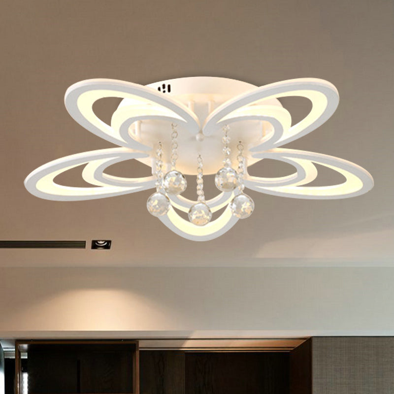 Acrylic Floral Semi Mount Lighting Contemporary LED Flush Ceiling Lamp in White with Crystal Droplet White Clearhalo 'Ceiling Lights' 'Close To Ceiling Lights' 'Close to ceiling' 'Semi-flushmount' Lighting' 987974