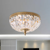 Post Modern Bowl-Shape Flush Lighting Beveled Crystal Strand 2 Bulbs Bedroom Ceiling Mounted Lamp in Brass - Clearhalo - 'Ceiling Lights' - 'Close To Ceiling Lights' - 'Close to ceiling' - 'Flush mount' - Lighting' - 987979