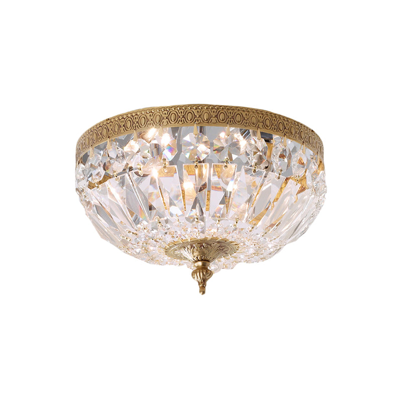 Post Modern Bowl-Shape Flush Lighting Beveled Crystal Strand 2 Bulbs Bedroom Ceiling Mounted Lamp in Brass - Clearhalo - 'Ceiling Lights' - 'Close To Ceiling Lights' - 'Close to ceiling' - 'Flush mount' - Lighting' - 987980