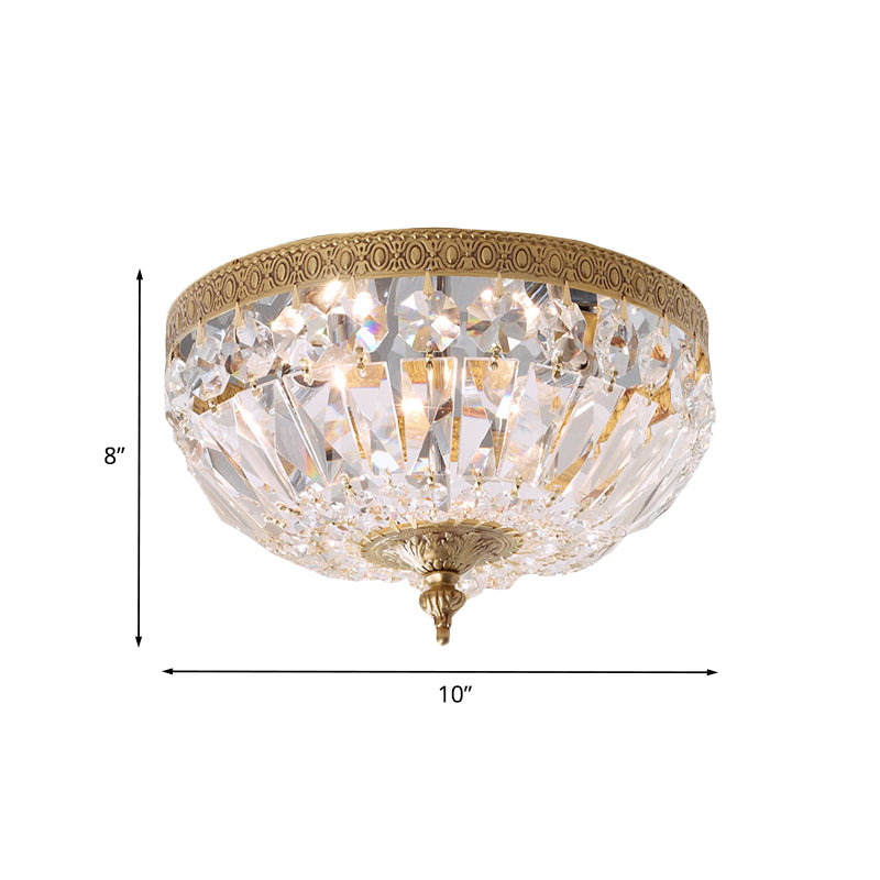 Post Modern Bowl-Shape Flush Lighting Beveled Crystal Strand 2 Bulbs Bedroom Ceiling Mounted Lamp in Brass - Clearhalo - 'Ceiling Lights' - 'Close To Ceiling Lights' - 'Close to ceiling' - 'Flush mount' - Lighting' - 987981