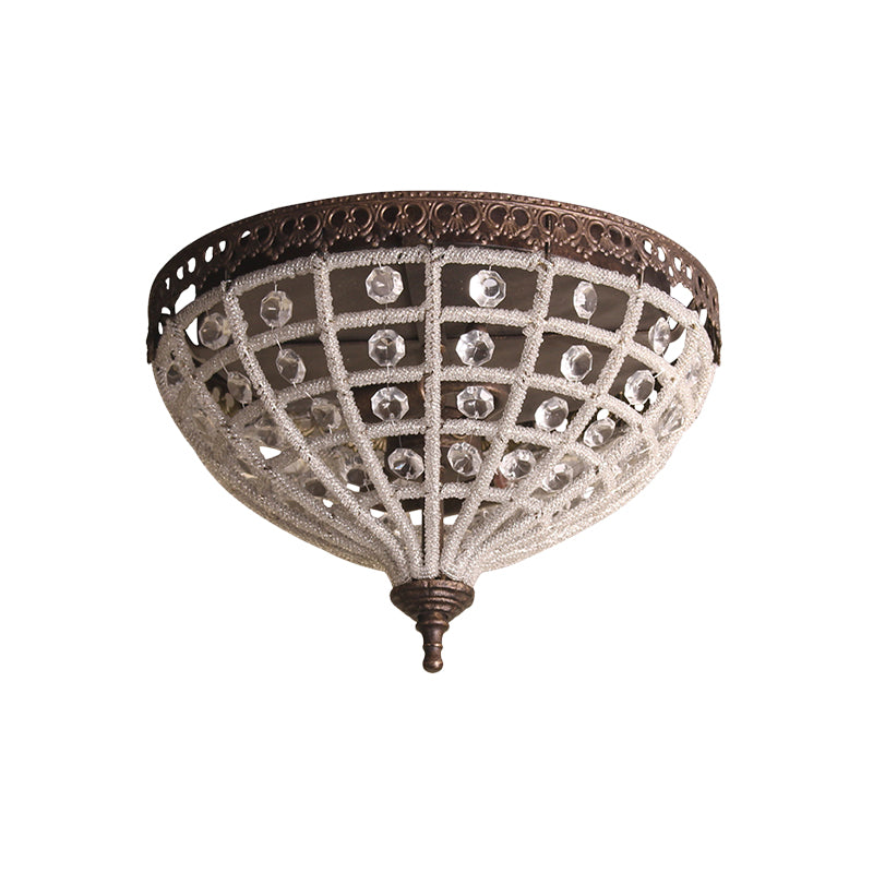 Bronze Domed Cage Flush Mount Lamp Antiqued 2-Light Crystal Bead Ceiling Light Fixture