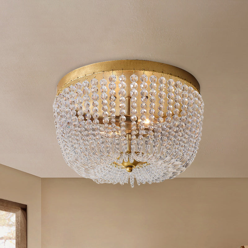 Dome Frame Crystal Strand Ceiling Flush Modernist 3 Bulbs Gold Finish Flush Mounted Lighting