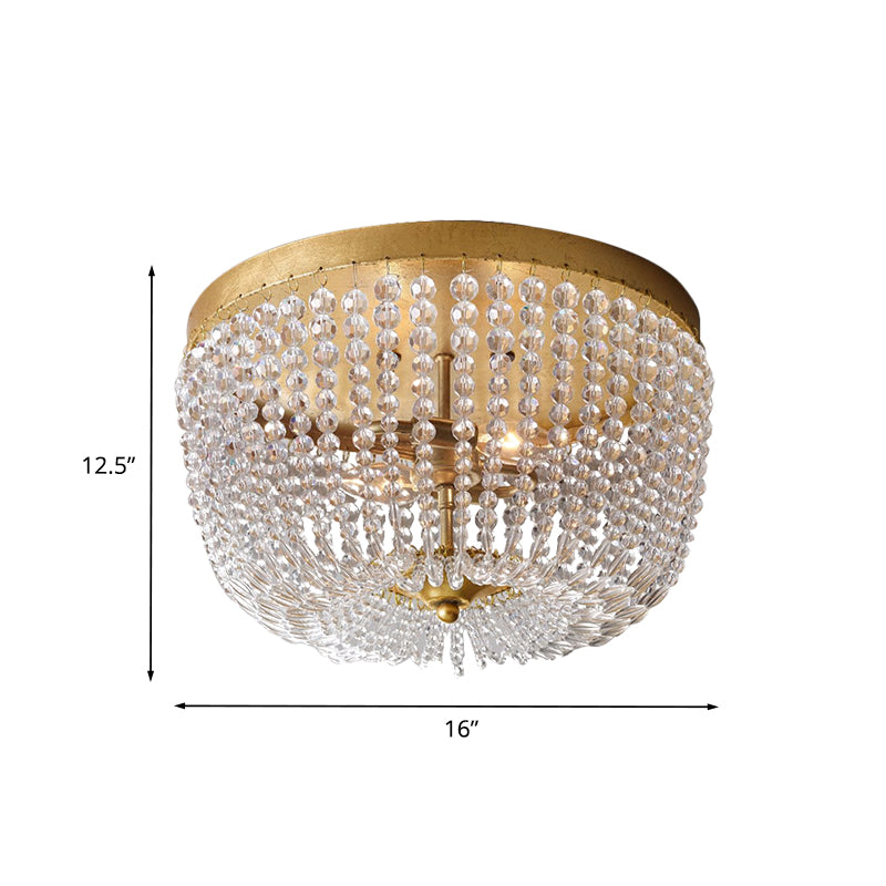 Dome Frame Crystal Strand Ceiling Flush Modernist 3 Bulbs Gold Finish Flush Mounted Lighting