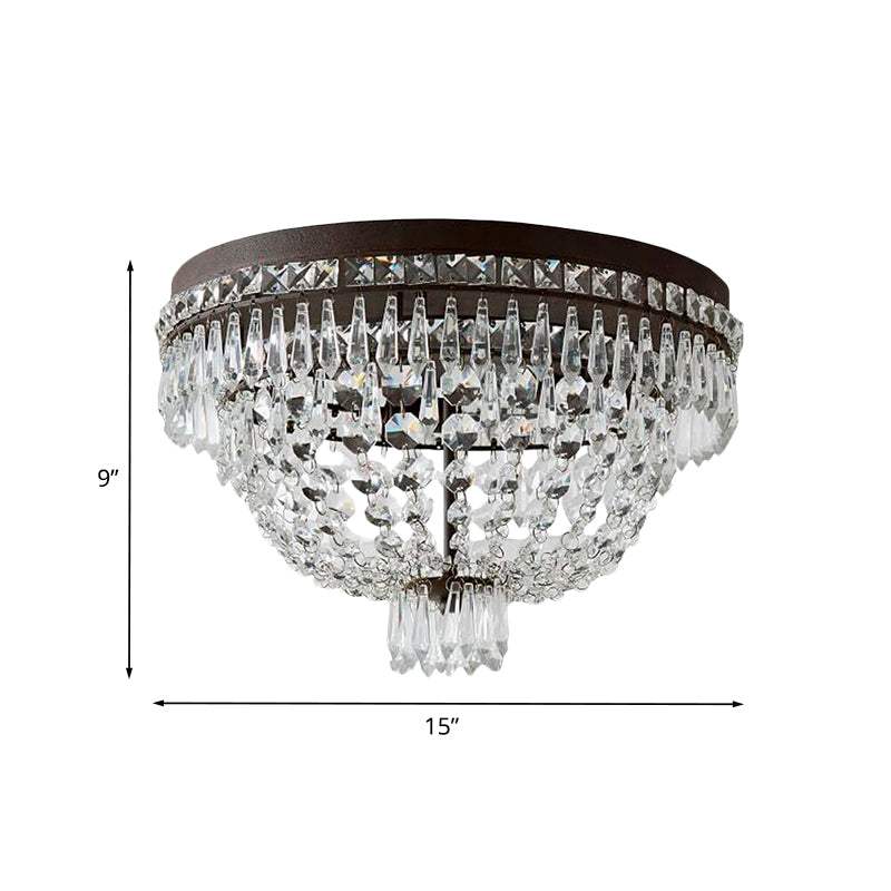 Crystal Strand Basket Flushmount Lighting Traditional 3-Head Bedroom Ceiling Lamp Fixture in Black