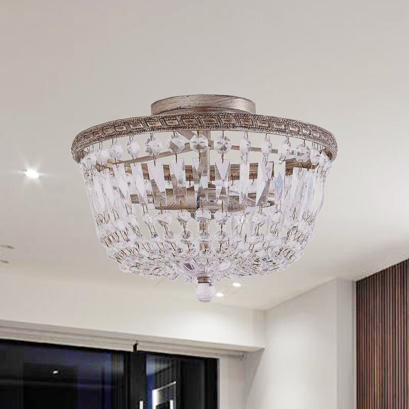 Aged Silver 2 Lights Semi Flush Mount Countryside Crystal Strand Basket Frame Flush Light Fixture Aged Silver Clearhalo 'Ceiling Lights' 'Close To Ceiling Lights' 'Close to ceiling' 'Semi-flushmount' Lighting' 987994
