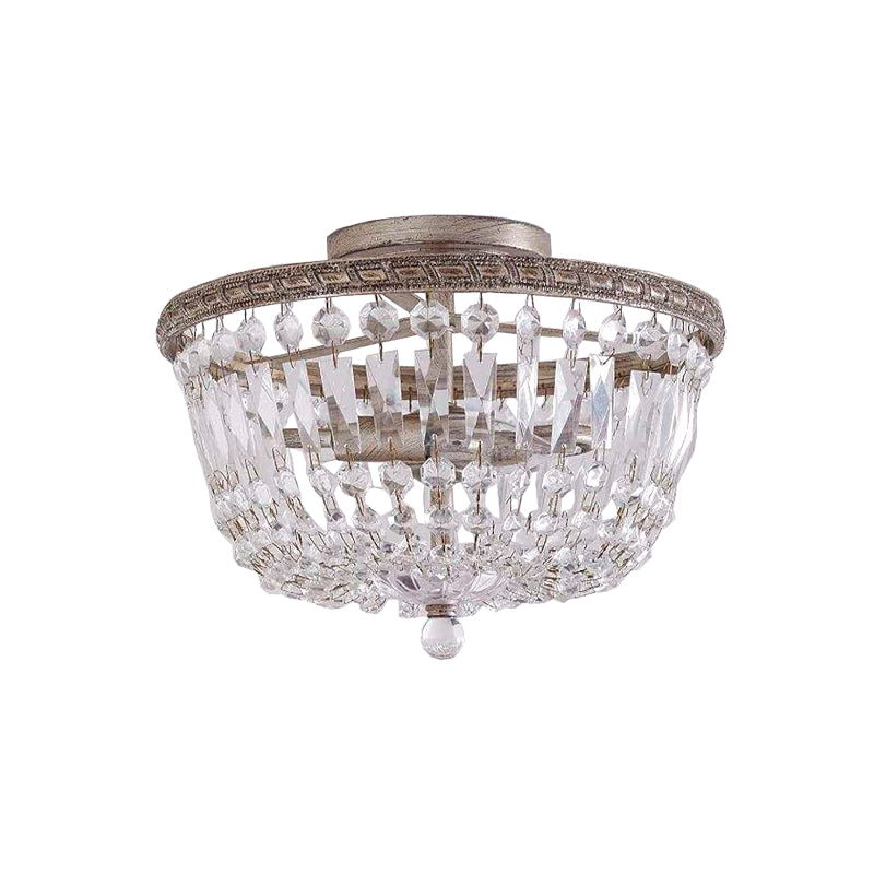 Aged Silver 2 Lights Semi Flush Mount Countryside Crystal Strand Basket Frame Flush Light Fixture Clearhalo 'Ceiling Lights' 'Close To Ceiling Lights' 'Close to ceiling' 'Semi-flushmount' Lighting' 987995