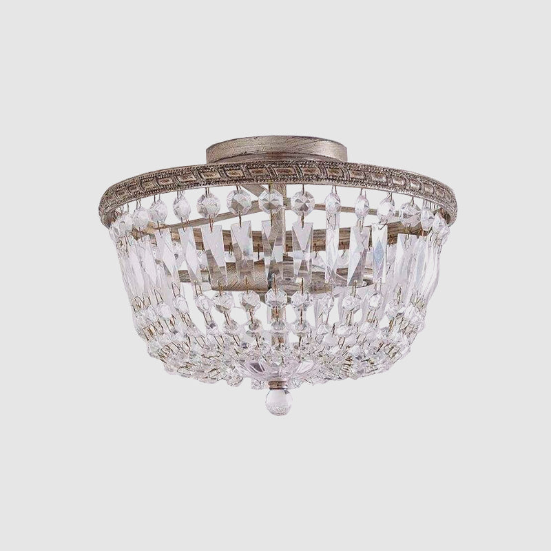 Aged Silver 2 Lights Semi Flush Mount Countryside Crystal Strand Basket Frame Flush Light Fixture Clearhalo 'Ceiling Lights' 'Close To Ceiling Lights' 'Close to ceiling' 'Semi-flushmount' Lighting' 987996
