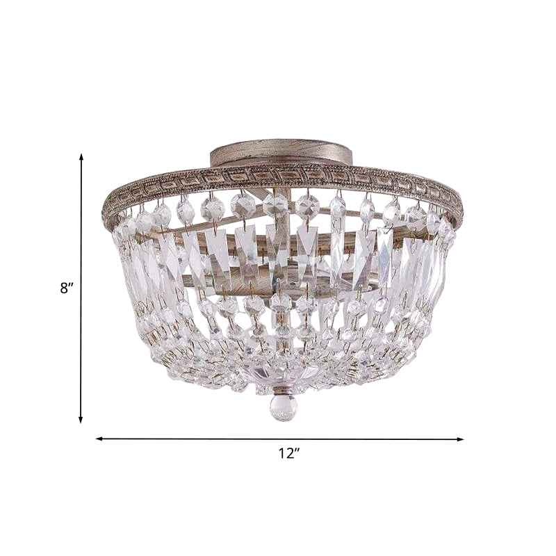 Aged Silver 2 Lights Semi Flush Mount Countryside Crystal Strand Basket Frame Flush Light Fixture Clearhalo 'Ceiling Lights' 'Close To Ceiling Lights' 'Close to ceiling' 'Semi-flushmount' Lighting' 987997