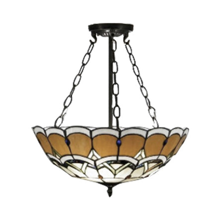 Yellow Bowl Inverted Ceiling Light Tiffany Victorian Stained Glass Semi Flushmount Light for Bookstore Clearhalo 'Ceiling Lights' 'Close To Ceiling Lights' 'Close to ceiling' 'Glass shade' 'Glass' 'Semi-flushmount' 'Tiffany close to ceiling' 'Tiffany' Lighting' 98800