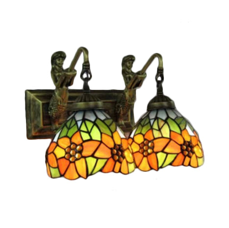 Flower Wall Mount Light Tiffany Orange Glass 2 Heads Living Room Sconce Lighting with Mermaid Decoration Clearhalo 'Industrial' 'Middle century wall lights' 'Tiffany wall lights' 'Tiffany' 'Wall Lamps & Sconces' 'Wall Lights' Lighting' 98833