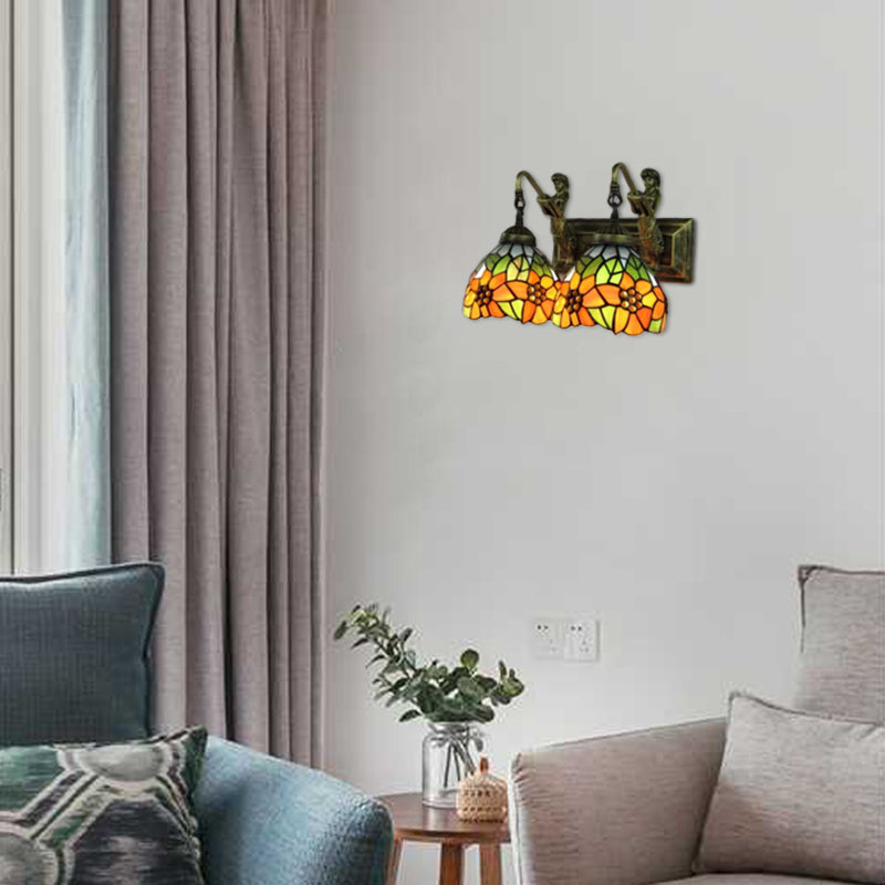 Flower Wall Mount Light Tiffany Orange Glass 2 Heads Living Room Sconce Lighting with Mermaid Decoration Orange Clearhalo 'Industrial' 'Middle century wall lights' 'Tiffany wall lights' 'Tiffany' 'Wall Lamps & Sconces' 'Wall Lights' Lighting' 98835