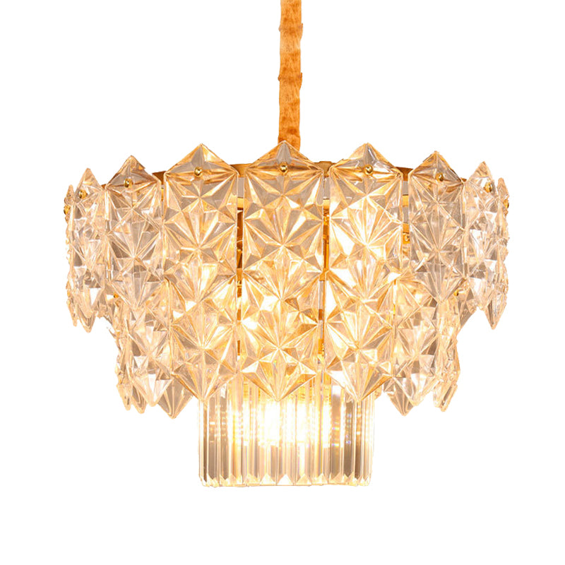 9 Heads Crystal Flute Hanging Chandelier Post Modern Gold Drum Dining Room Suspended Lighting Fixture Clearhalo 'Ceiling Lights' 'Chandeliers' 'Modern Chandeliers' 'Modern' Lighting' 988384
