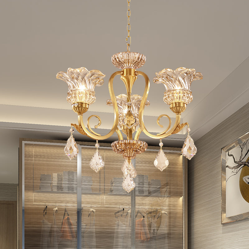 Gold Floral Shade Pendant Chandelier European Draping Crystal Ball 3-Light Living Room Ceiling Suspension Lamp Gold Clearhalo 'Ceiling Lights' 'Chandeliers' 'Modern Chandeliers' 'Modern' Lighting' 988386