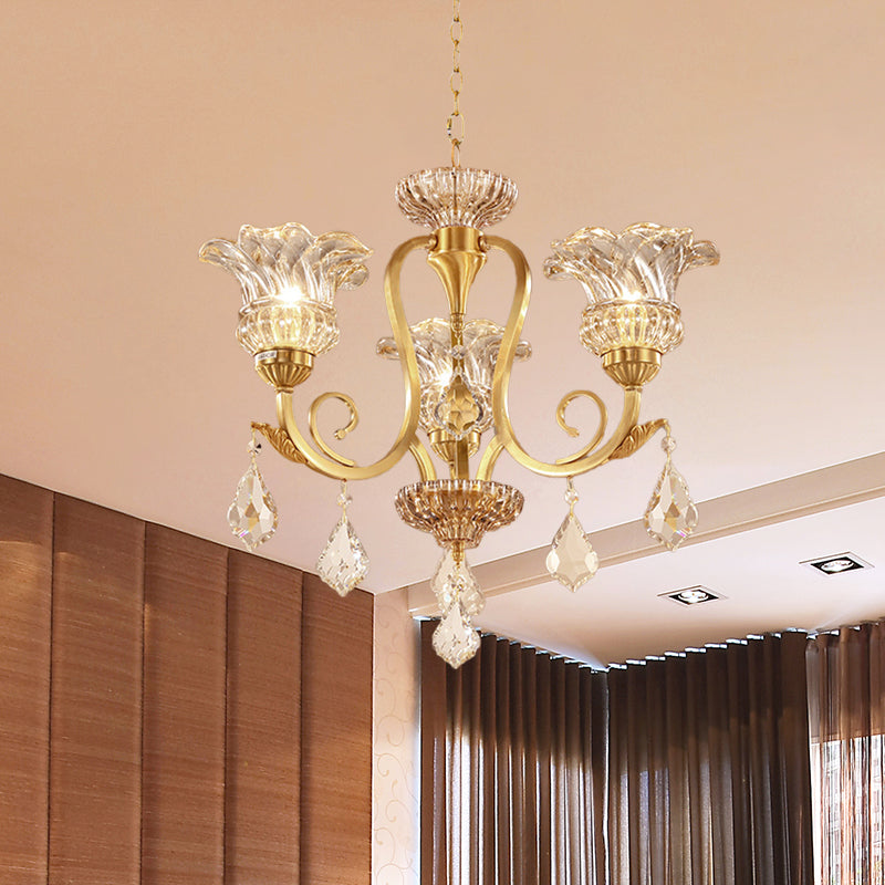 Gold Floral Shade Pendant Chandelier European Draping Crystal Ball 3-Light Living Room Ceiling Suspension Lamp Clearhalo 'Ceiling Lights' 'Chandeliers' 'Modern Chandeliers' 'Modern' Lighting' 988387