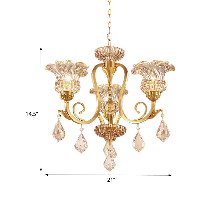 Gold Floral Shade Pendant Chandelier European Draping Crystal Ball 3-Light Living Room Ceiling Suspension Lamp Clearhalo 'Ceiling Lights' 'Chandeliers' 'Modern Chandeliers' 'Modern' Lighting' 988389