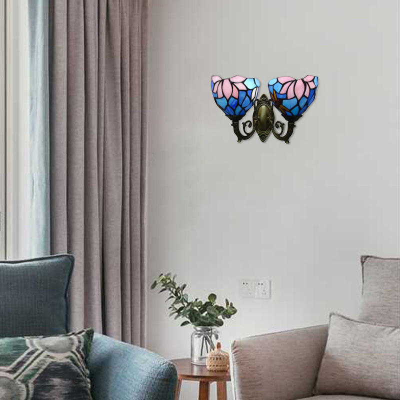 Living Room Lotus Wall Light Stained Glass 2 Bulbs Traditional Tiffany Wall Sconce in Blue and Pink Blue-Pink Clearhalo 'Industrial' 'Middle century wall lights' 'Tiffany wall lights' 'Tiffany' 'Wall Lamps & Sconces' 'Wall Lights' Lighting' 98839