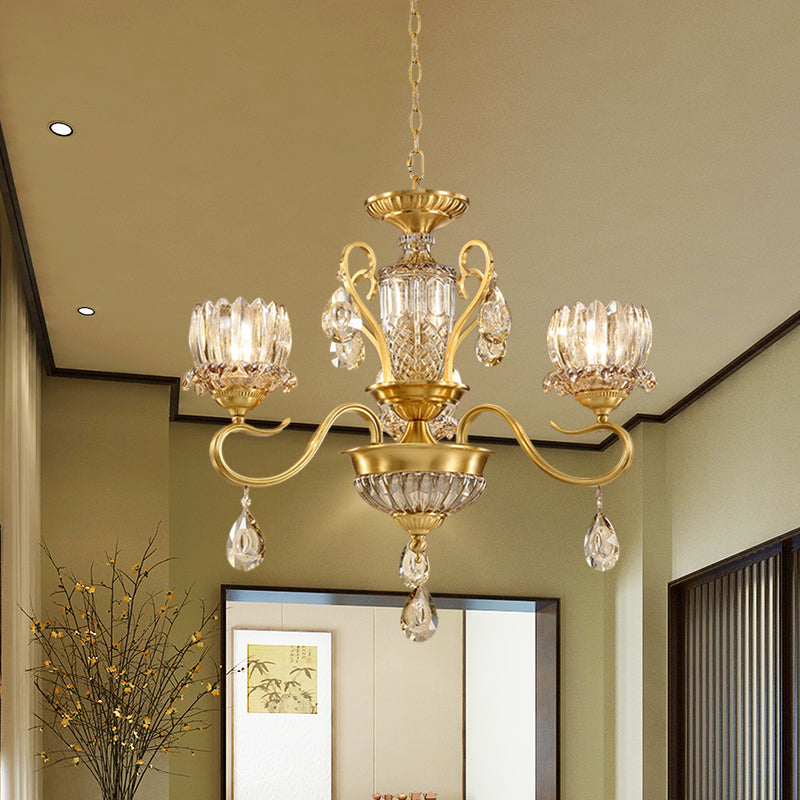 Beveled Glass Crystal Gold Suspended Light Lotus 3-Bulb Modernism Chandelier Light Fixture with Droplet Gold Clearhalo 'Ceiling Lights' 'Chandeliers' 'Modern Chandeliers' 'Modern' Lighting' 988390