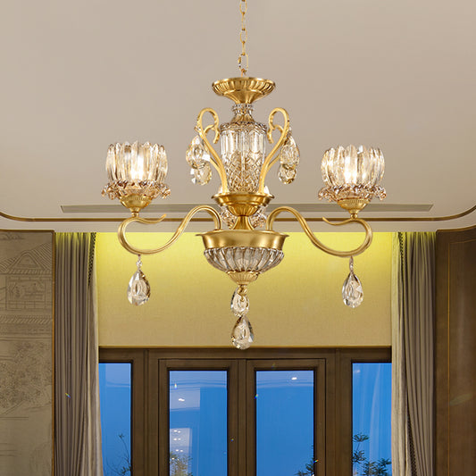 Beveled Glass Crystal Gold Suspended Light Lotus 3-Bulb Modernism Chandelier Light Fixture with Droplet Clearhalo 'Ceiling Lights' 'Chandeliers' 'Modern Chandeliers' 'Modern' Lighting' 988391