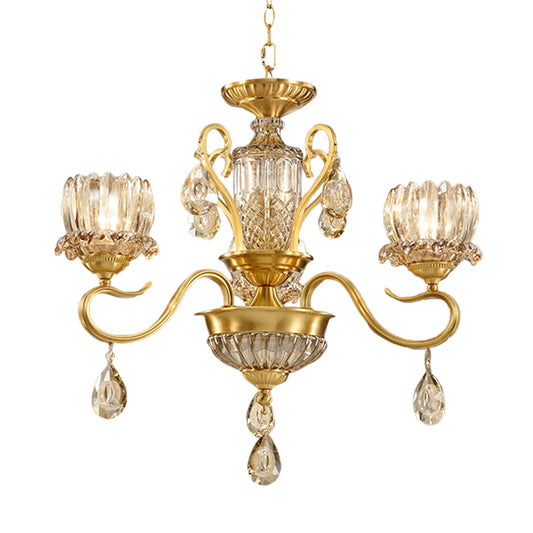 Beveled Glass Crystal Gold Suspended Light Lotus 3-Bulb Modernism Chandelier Light Fixture with Droplet Clearhalo 'Ceiling Lights' 'Chandeliers' 'Modern Chandeliers' 'Modern' Lighting' 988392
