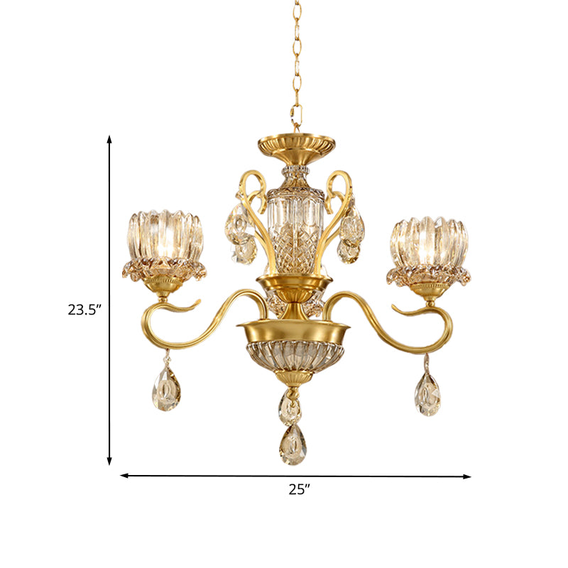 Beveled Glass Crystal Gold Suspended Light Lotus 3-Bulb Modernism Chandelier Light Fixture with Droplet Clearhalo 'Ceiling Lights' 'Chandeliers' 'Modern Chandeliers' 'Modern' Lighting' 988393